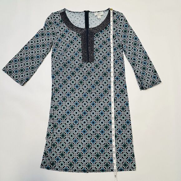 LOFT Blue Geometric Sheath Dress Womens Size 2 Bugle Bead Neckline - Picture 7 of 12